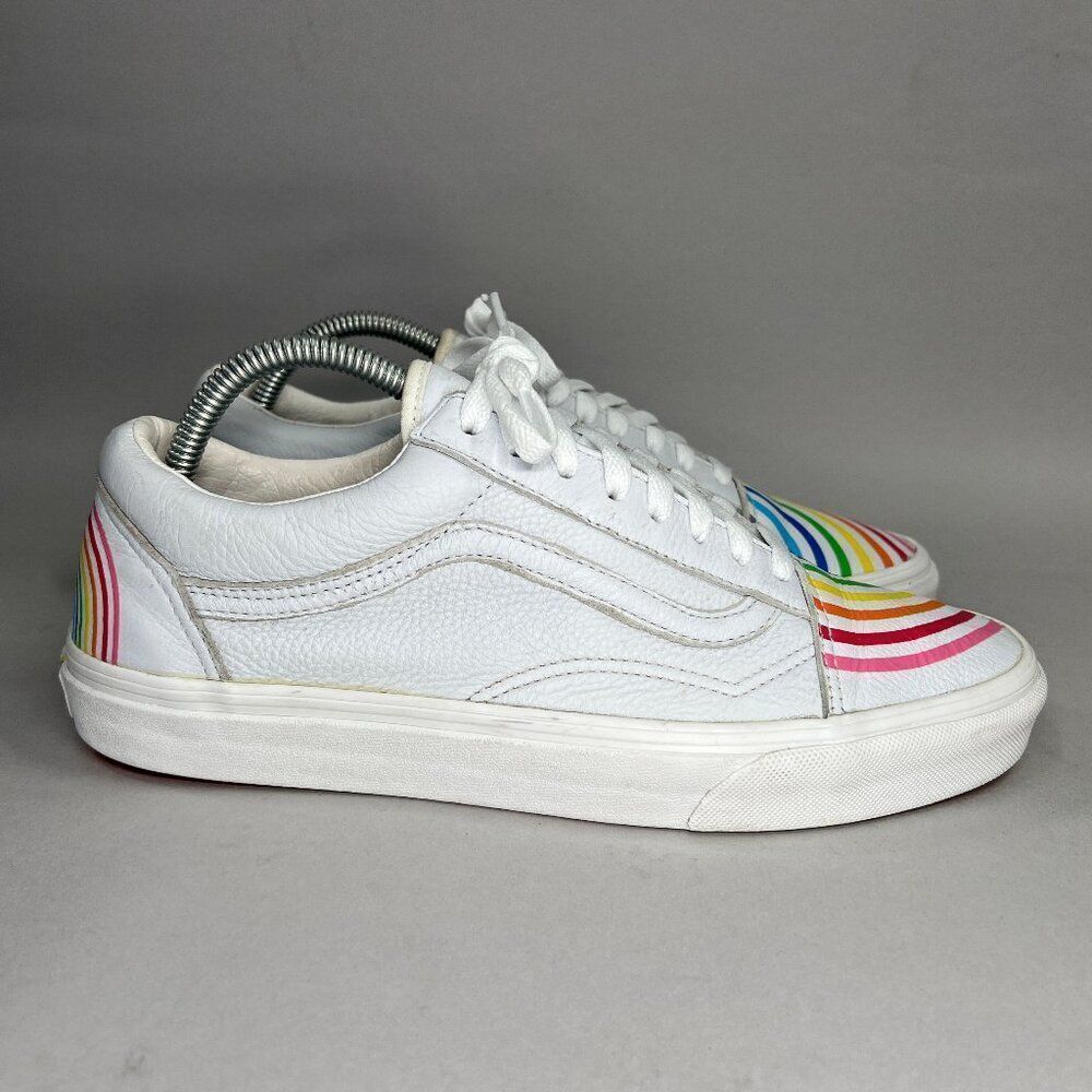 Vans Flour Shop Sneakers Women's Size 10.5 White Leather Old Skool Rainbow Shoes